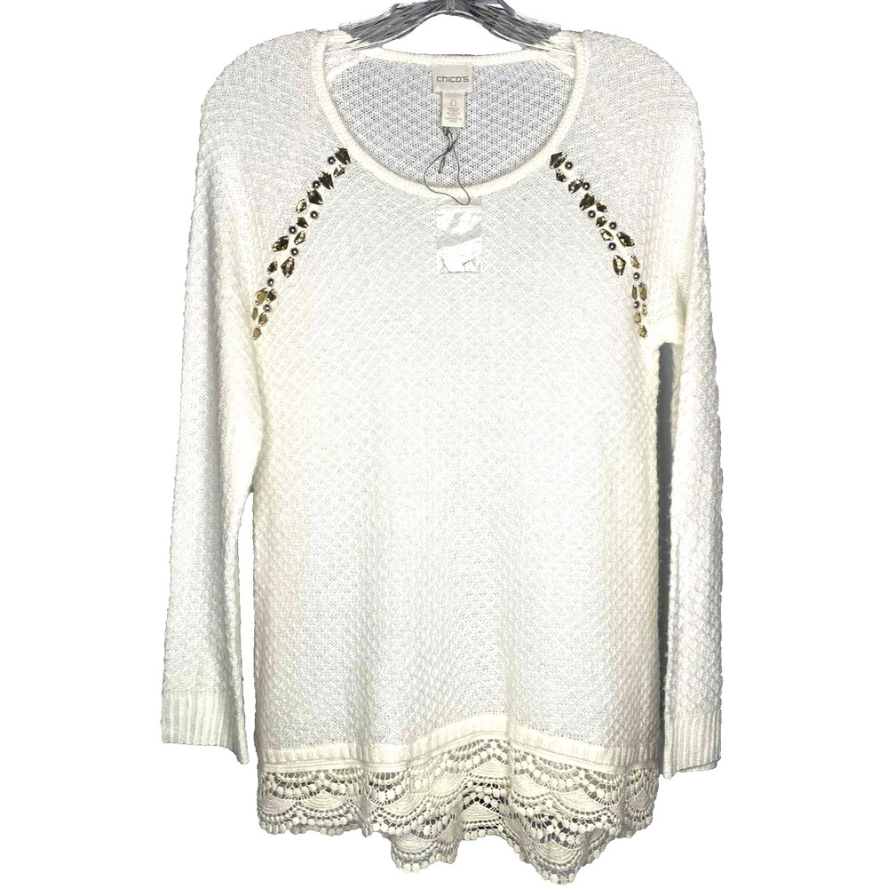 Chicos open Knit crochet Sweater Size 0 Small cream‎ Pullover gold embellished